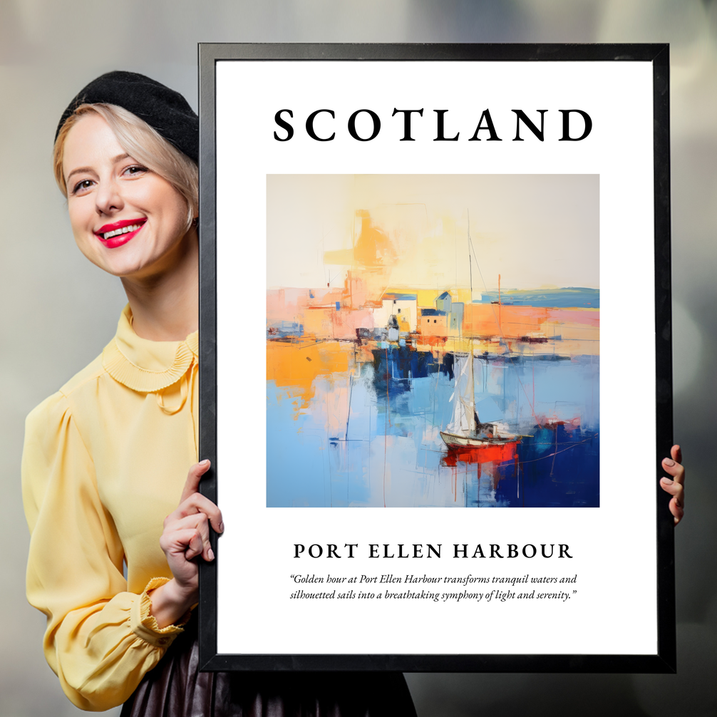 Person holding a poster of Port Ellen Harbour