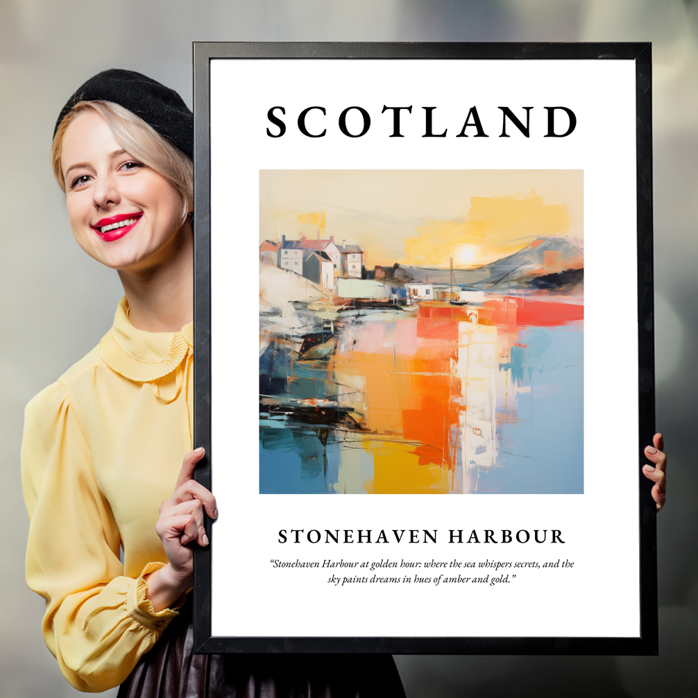 Person holding a poster of Stonehaven Harbour