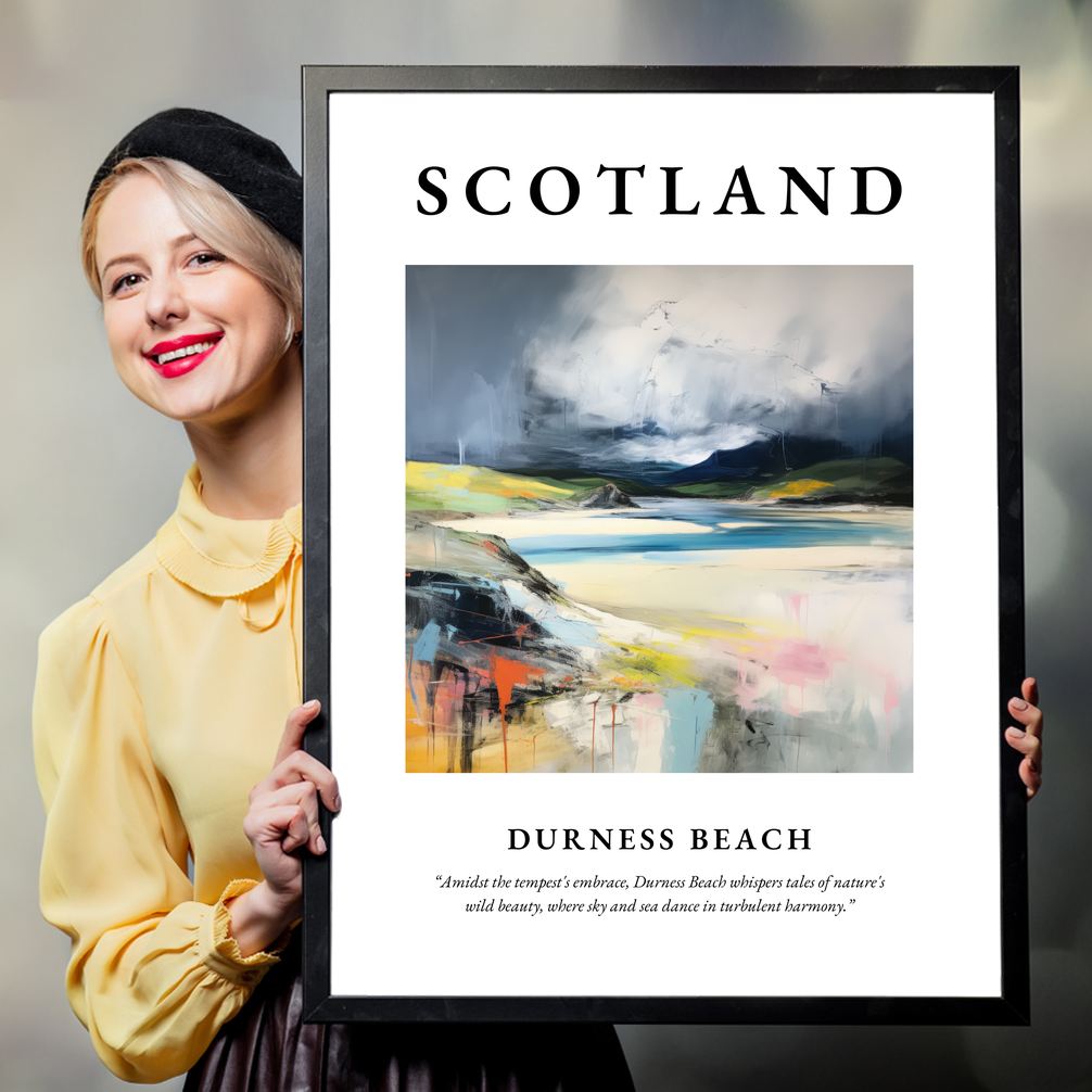 Person holding a poster of Durness Beach