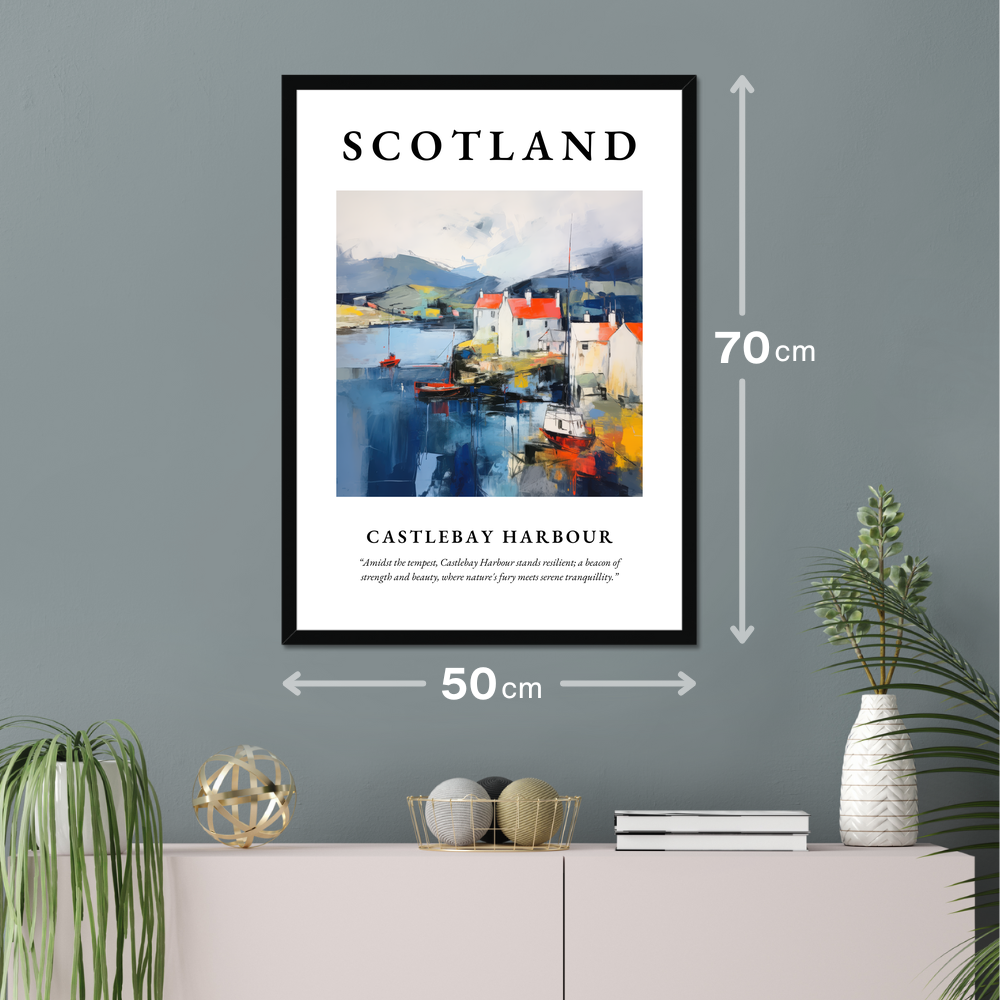 Poster of Castlebay Harbour hanging on a wall