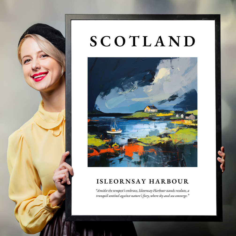 Person holding a poster of Isleornsay Harbour