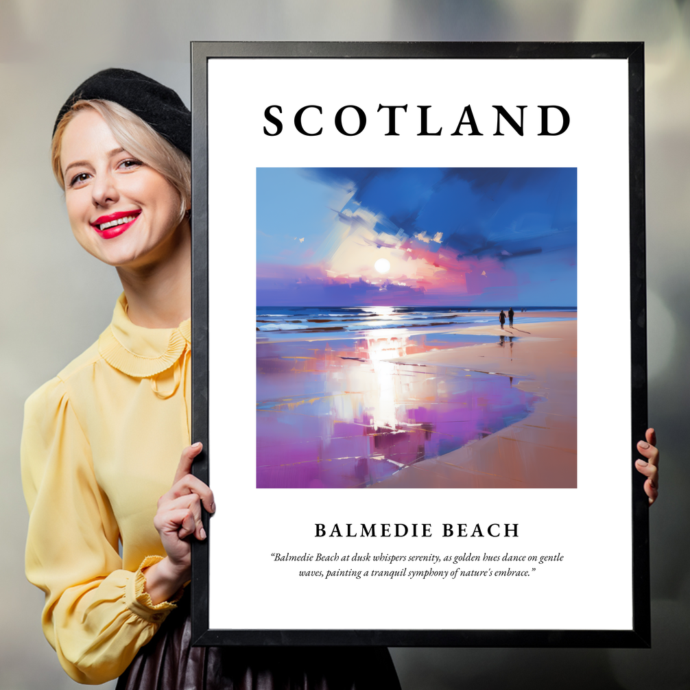 Person holding a poster of Balmedie Beach