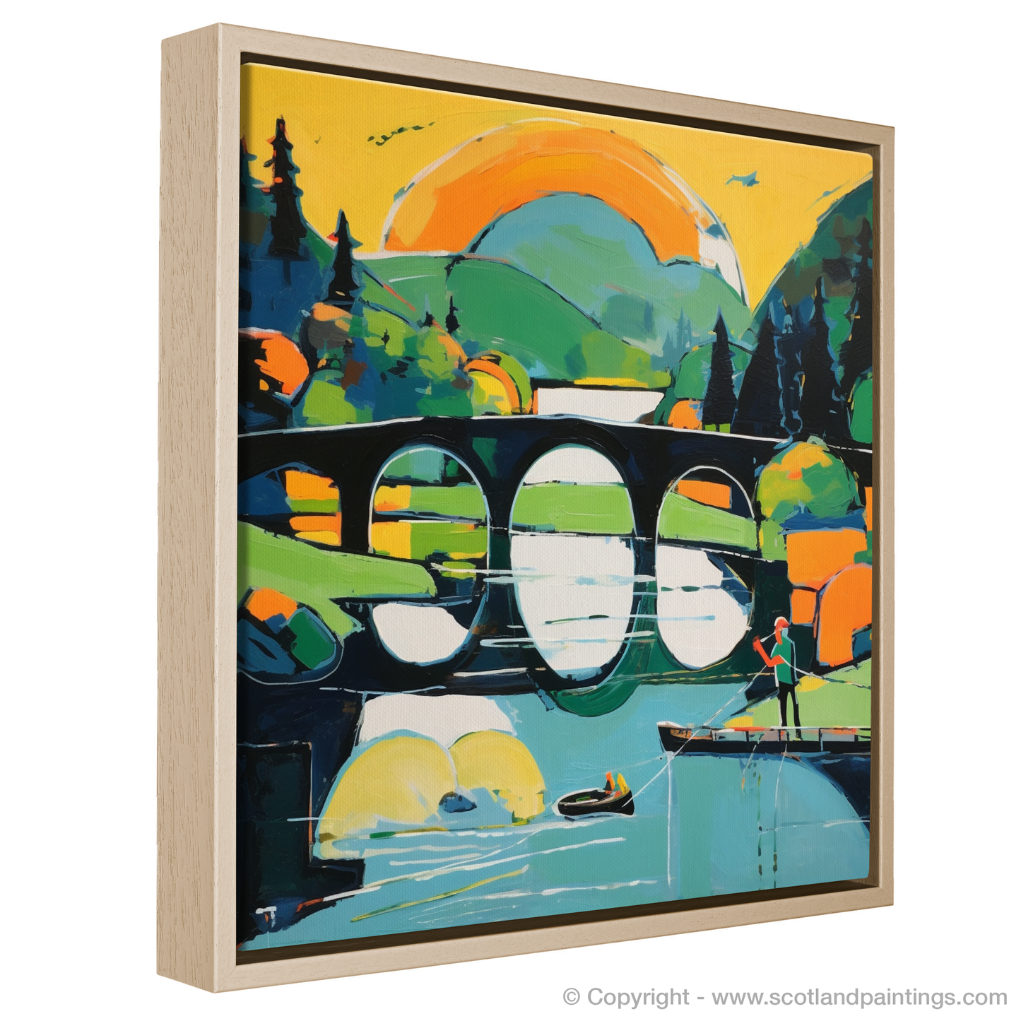 Abstract Angler: Fly Fishing at Loch Achray with Historic Bridge View