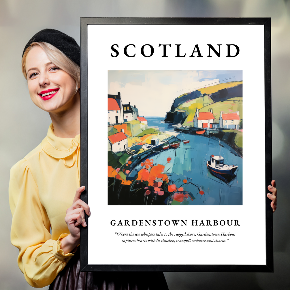 Person holding a poster of Gardenstown Harbour