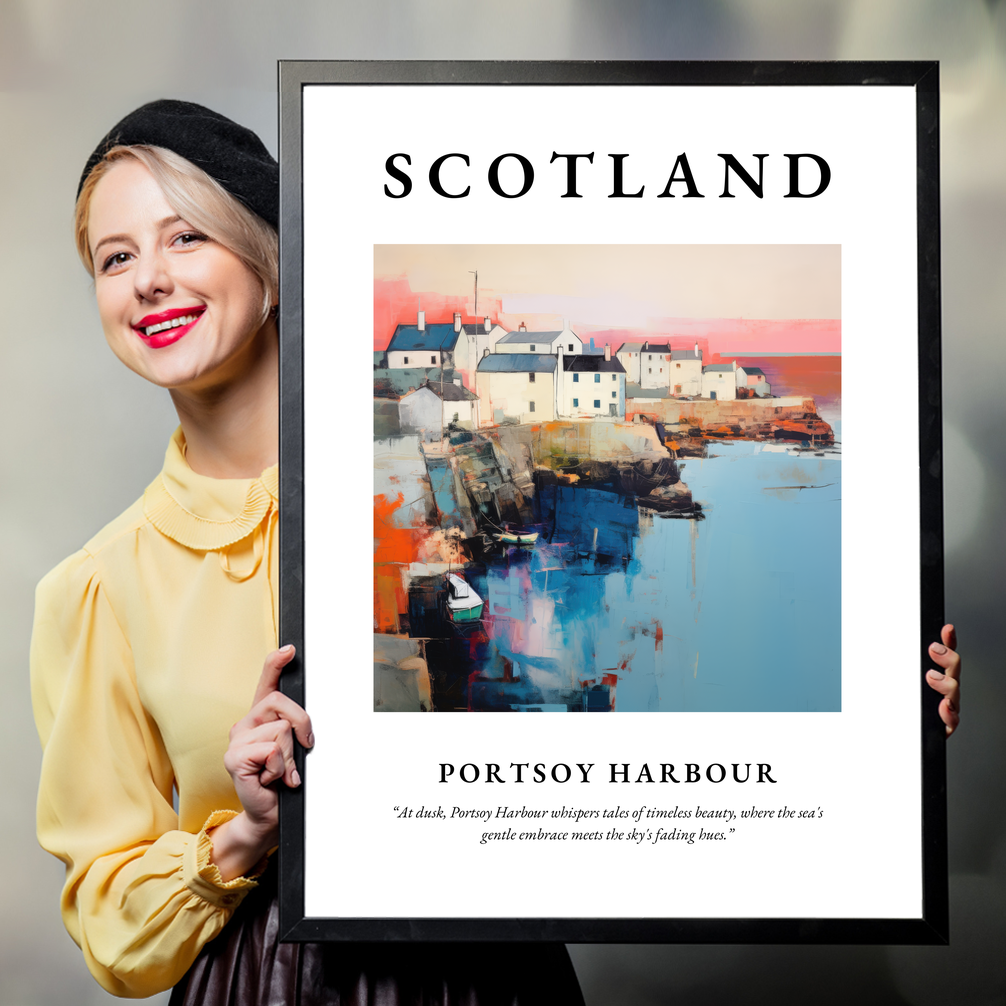 Person holding a poster of Portsoy Harbour