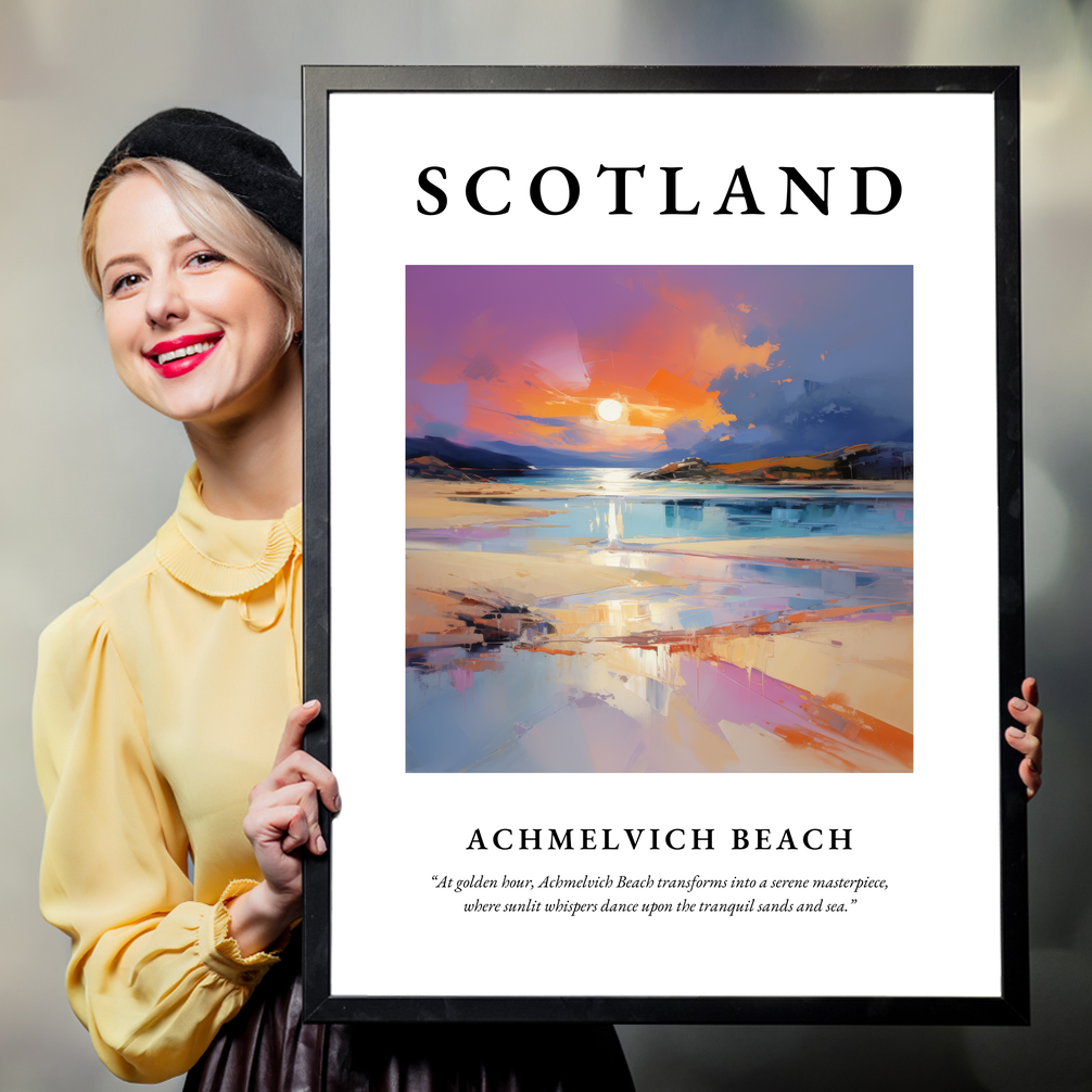 Person holding a poster of Achmelvich Beach