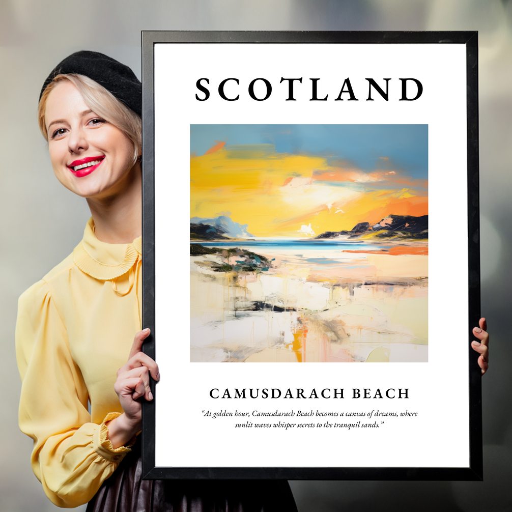 Person holding a poster of Camusdarach Beach