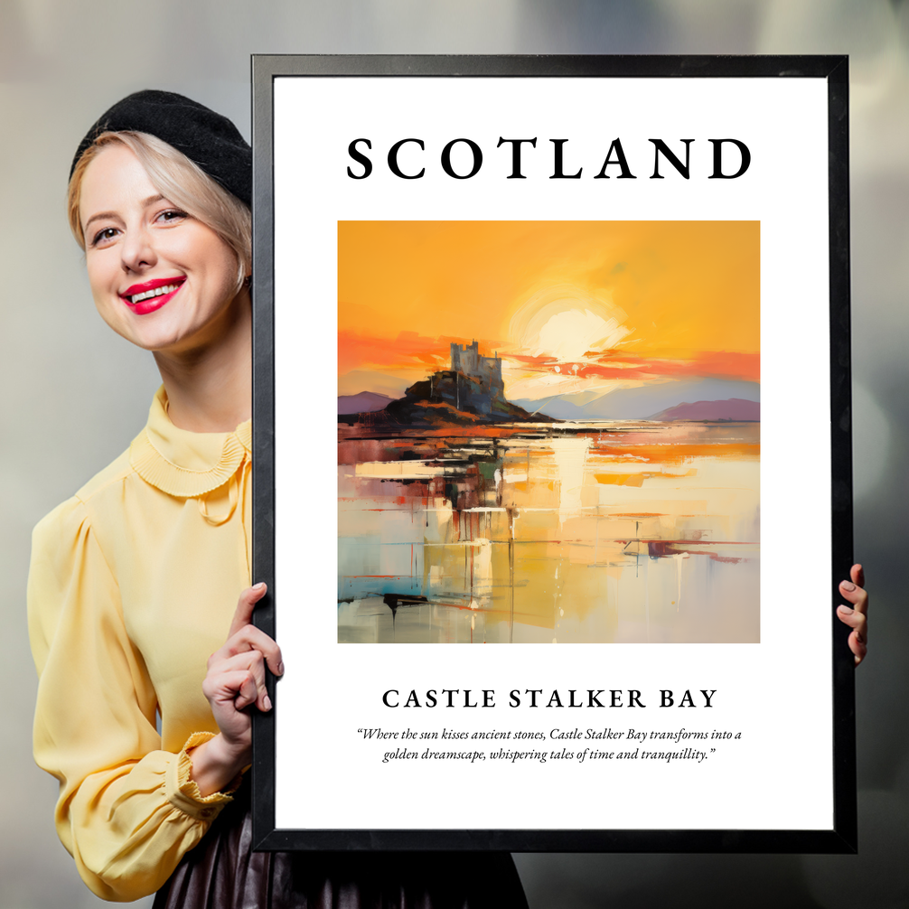 Person holding a poster of Castle Stalker Bay