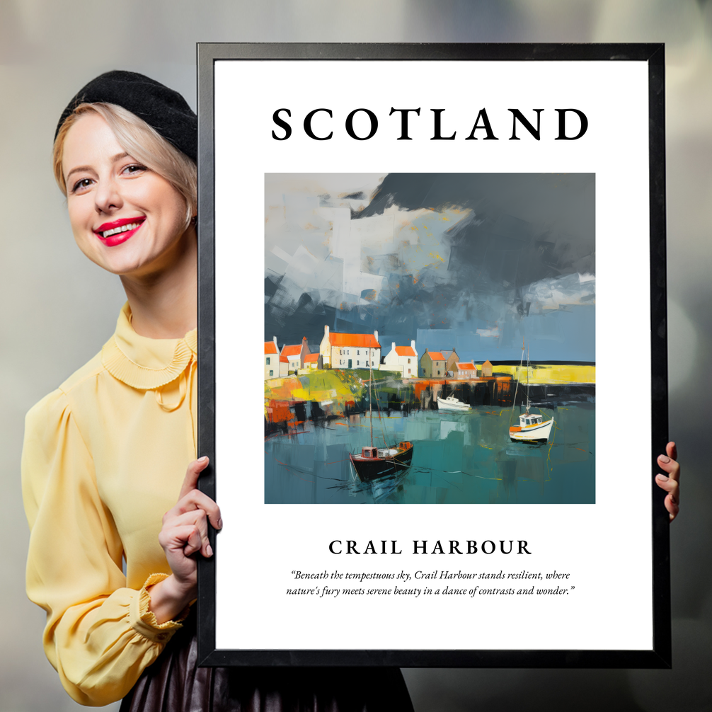 Person holding a poster of Crail Harbour