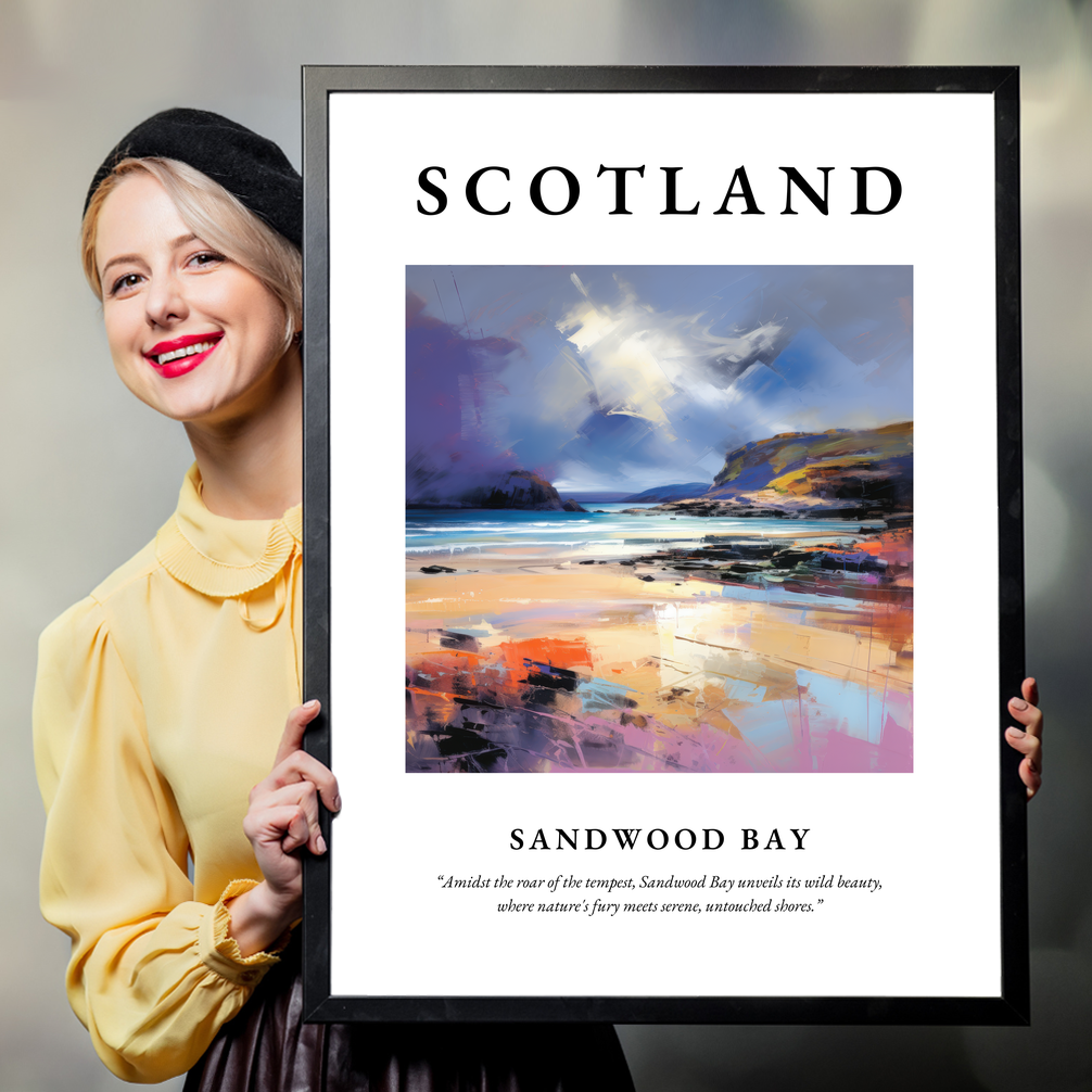 Person holding a poster of Sandwood Bay