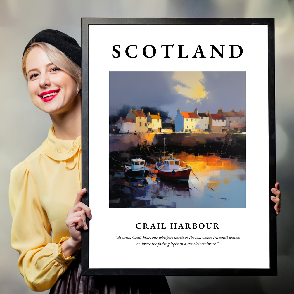 Person holding a poster of Crail Harbour