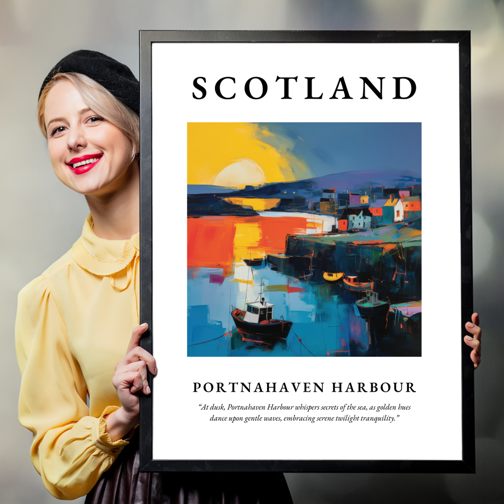 Person holding a poster of Portnahaven Harbour