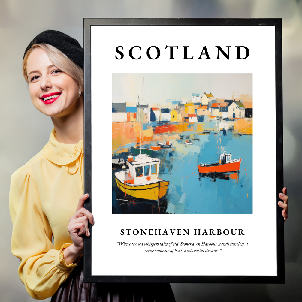 Person holding a poster of Stonehaven Harbour