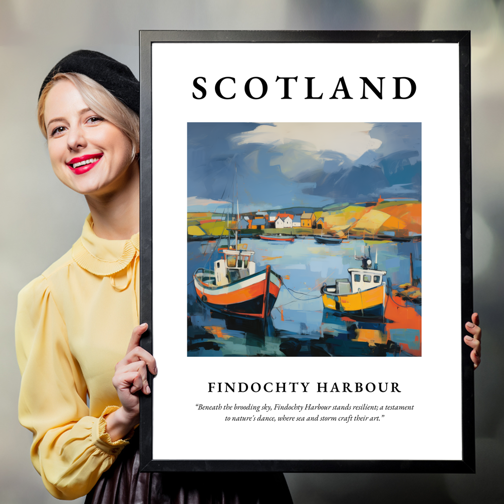 Person holding a poster of Findochty Harbour