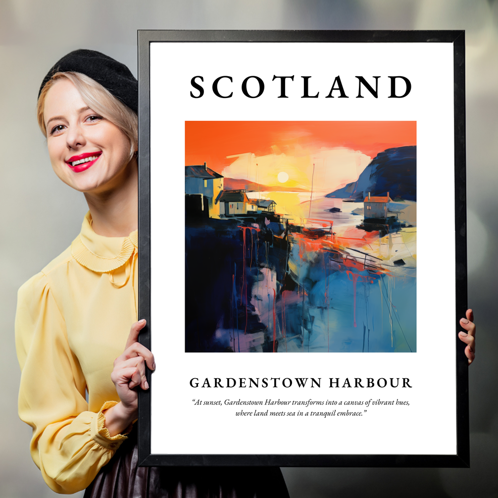 Person holding a poster of Gardenstown Harbour