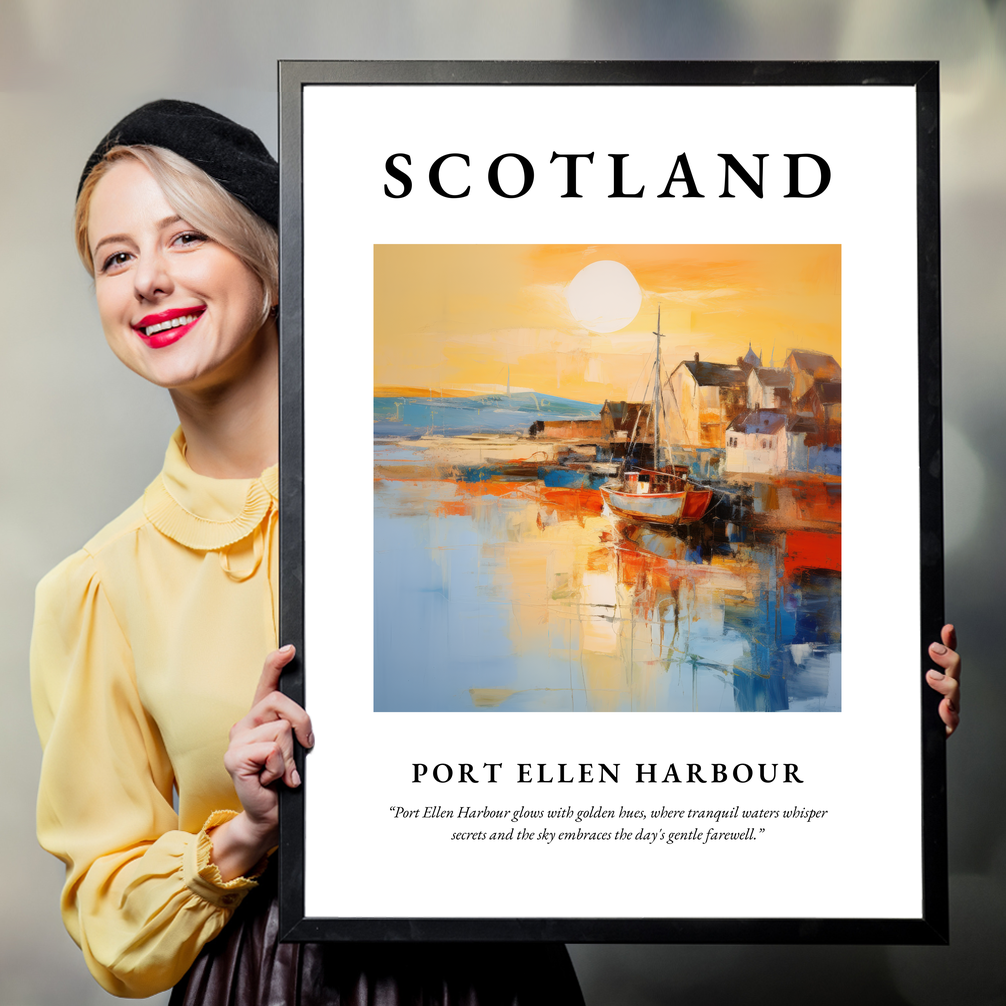 Person holding a poster of Port Ellen Harbour