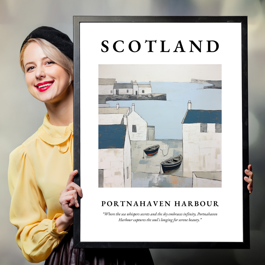 Person holding a poster of Portnahaven Harbour