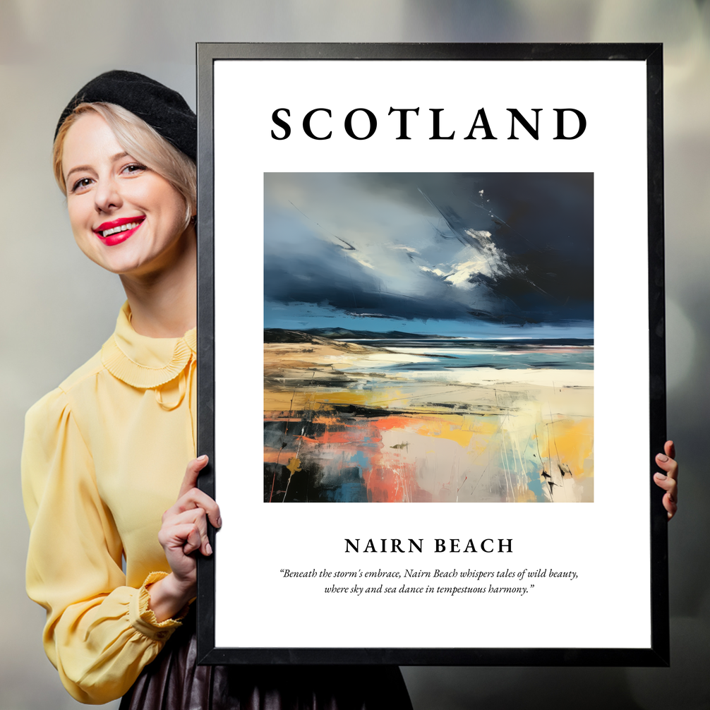 Person holding a poster of Nairn Beach