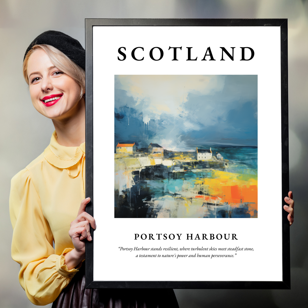 Person holding a poster of Portsoy Harbour