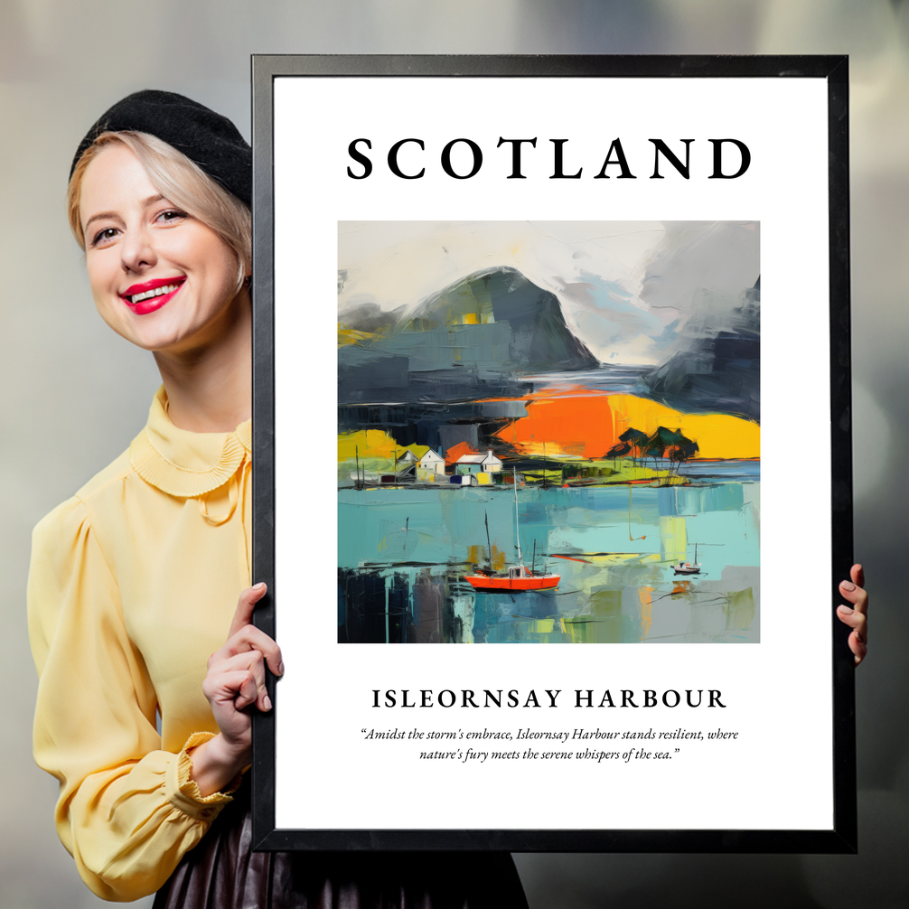 Person holding a poster of Isleornsay Harbour