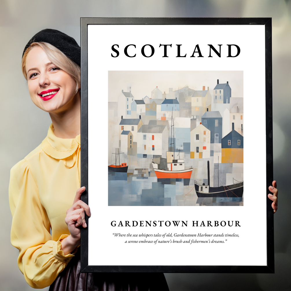 Person holding a poster of Gardenstown Harbour