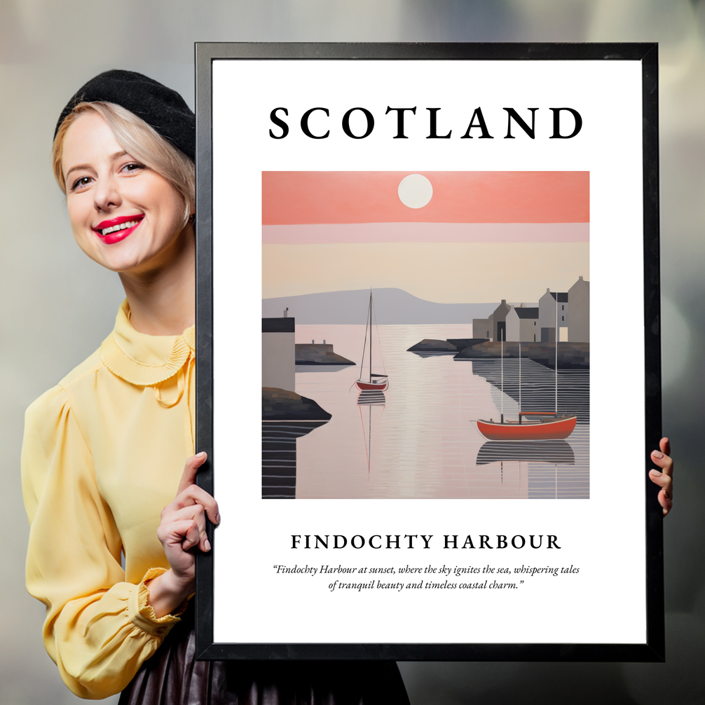 Person holding a poster of Findochty Harbour