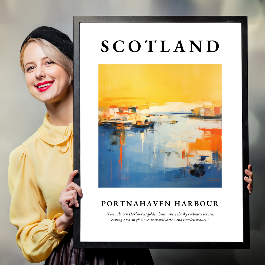 Person holding a poster of Portnahaven Harbour