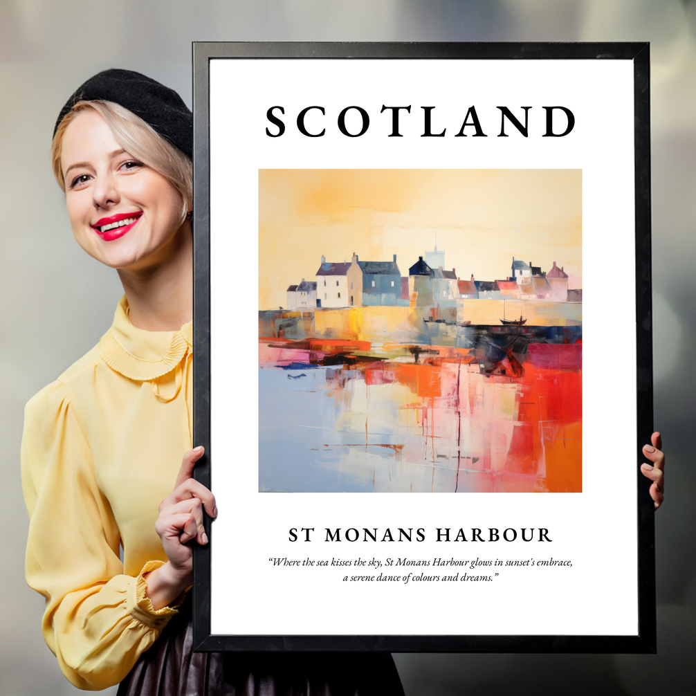 Person holding a poster of St Monans Harbour