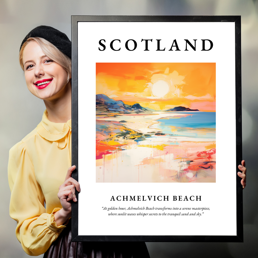 Person holding a poster of Achmelvich Beach