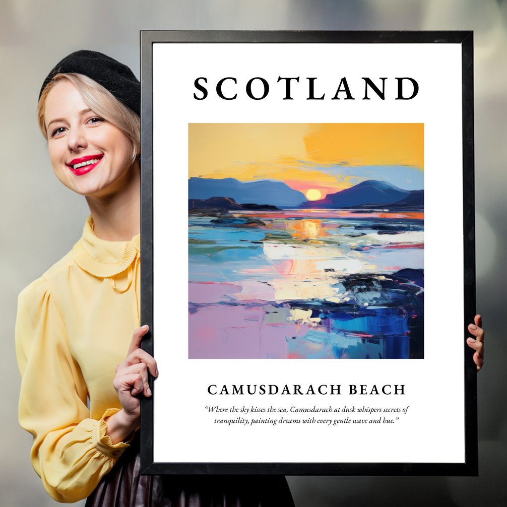 Person holding a poster of Camusdarach Beach