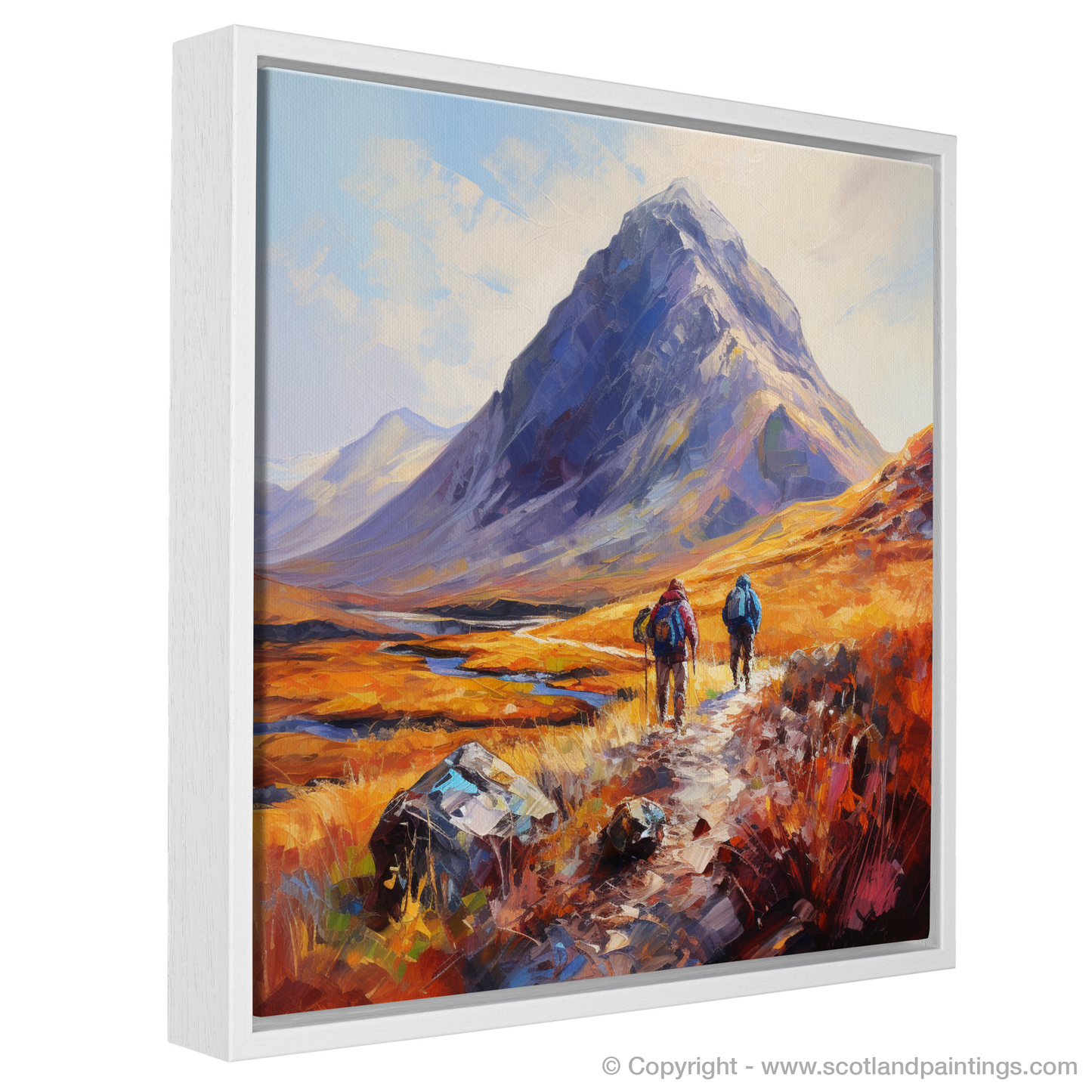 Hikers' Journey to Buachaille Summit at Golden Hour