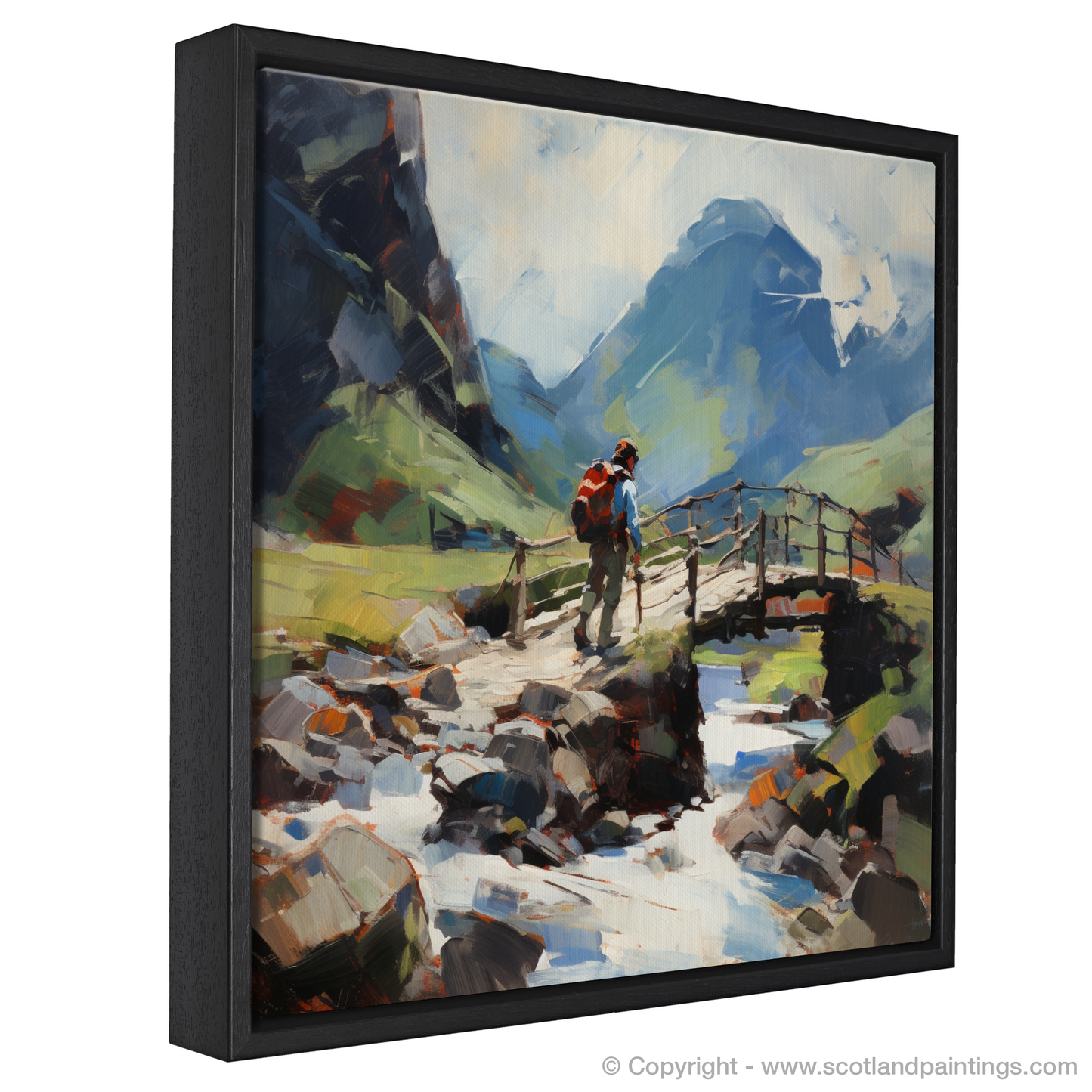 Painting and Art Print of Backpacker crossing rustic bridge in Glencoe entitled "Backpacker's Journey Across the Rustic Bridge in Glencoe".