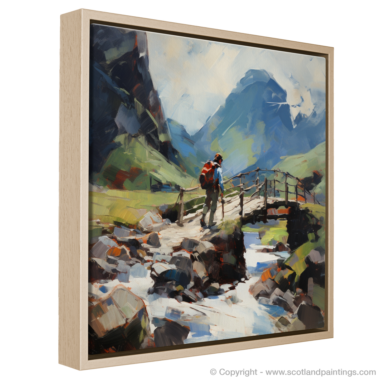 Painting and Art Print of Backpacker crossing rustic bridge in Glencoe entitled "Backpacker's Journey Across the Rustic Bridge in Glencoe".