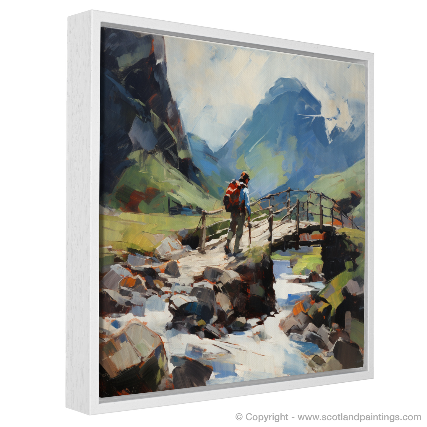 Painting and Art Print of Backpacker crossing rustic bridge in Glencoe entitled "Backpacker's Journey Across the Rustic Bridge in Glencoe".