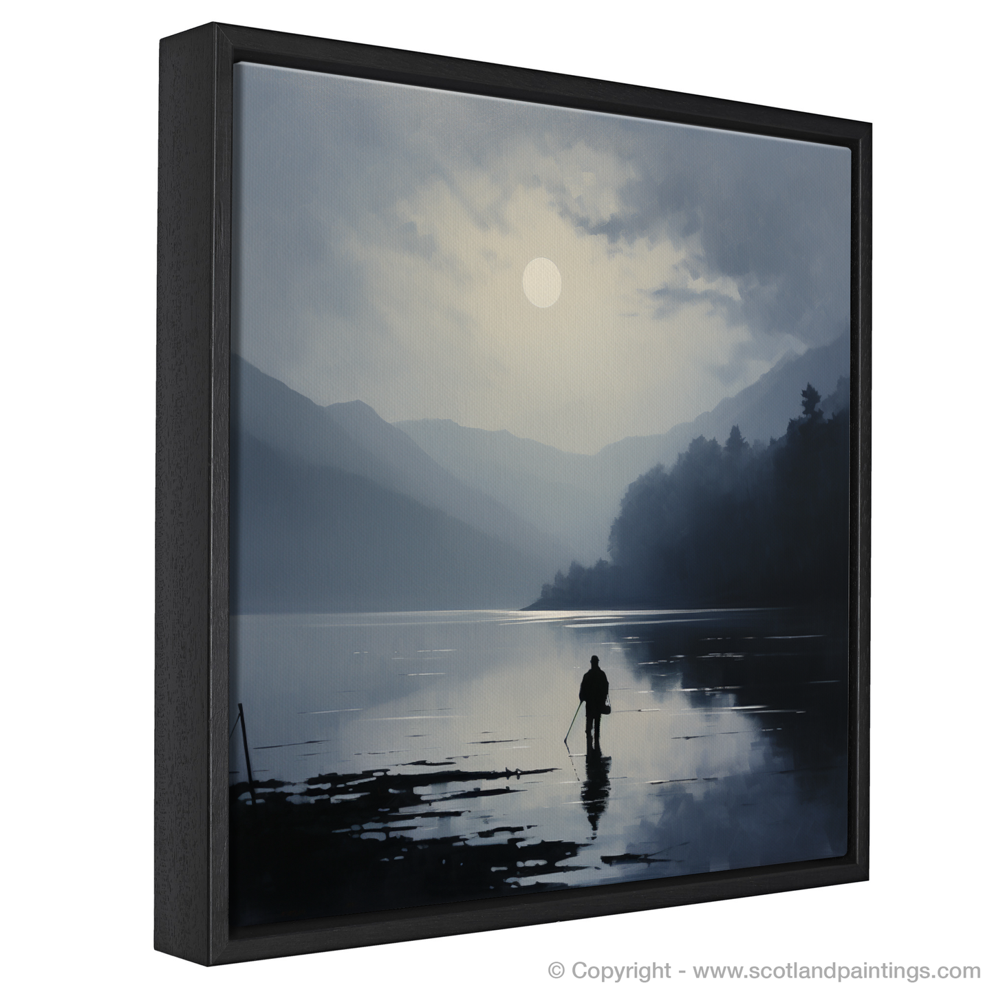 Painting and Art Print of Silhouetted fisherman on Loch Lomond entitled "Silhouetted Serenity on Loch Lomond".