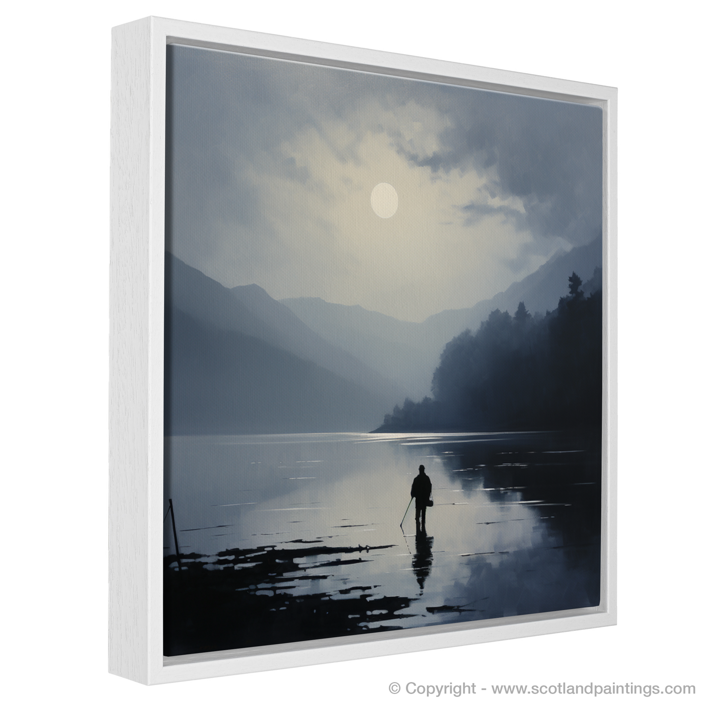 Painting and Art Print of Silhouetted fisherman on Loch Lomond entitled "Silhouetted Serenity on Loch Lomond".