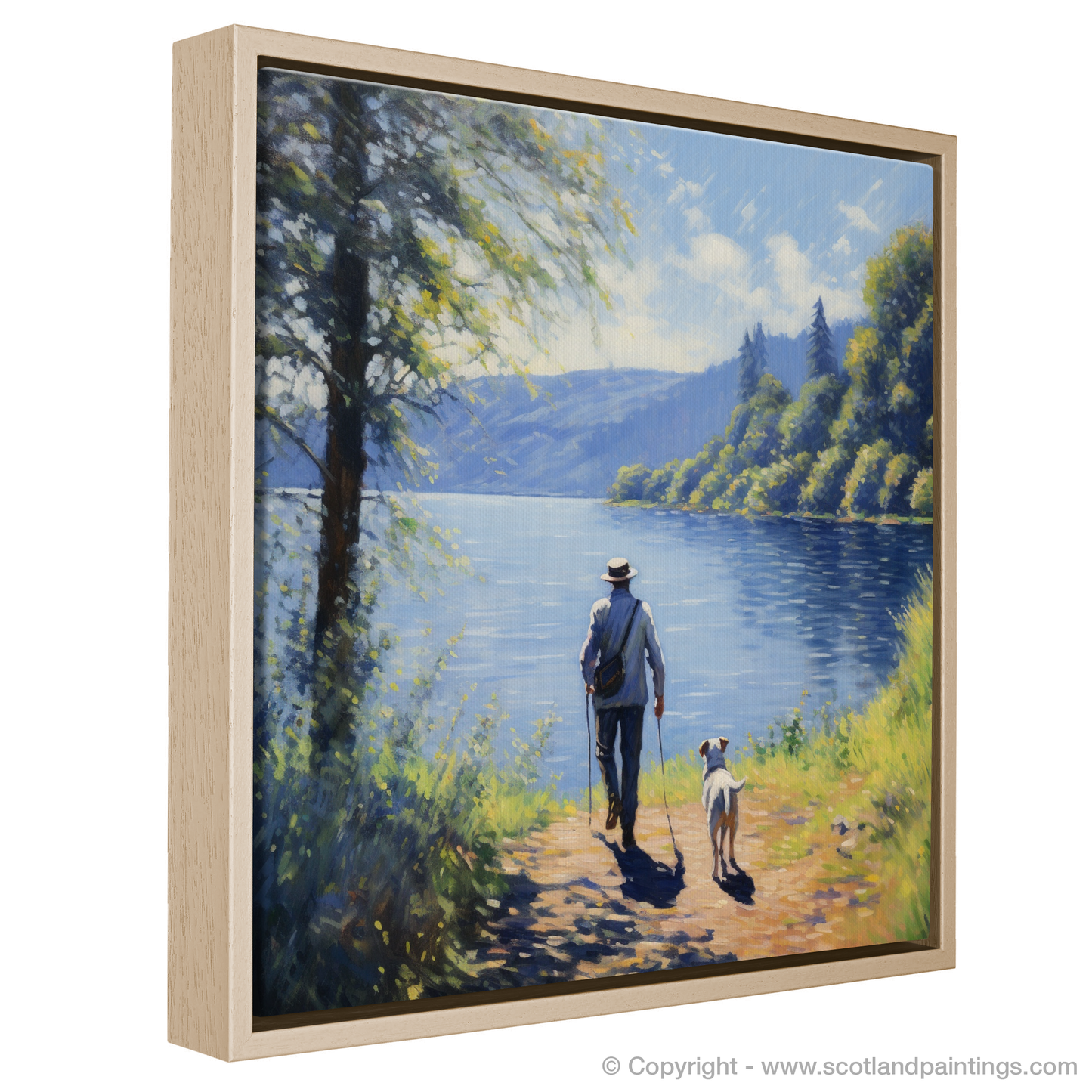 Painting and Art Print of A man walking dog at the side of Loch Lomond entitled "Companions by Loch Lomond".