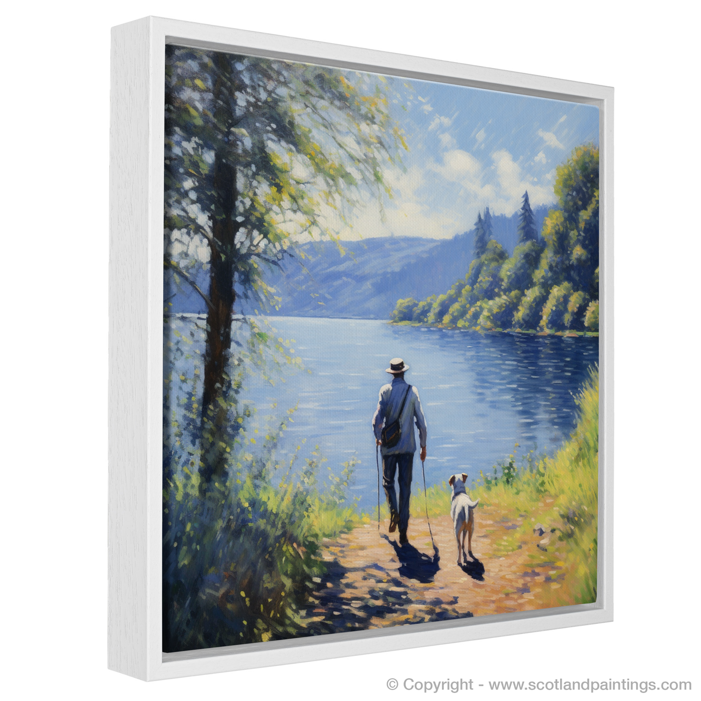 Painting and Art Print of A man walking dog at the side of Loch Lomond entitled "Companions by Loch Lomond".