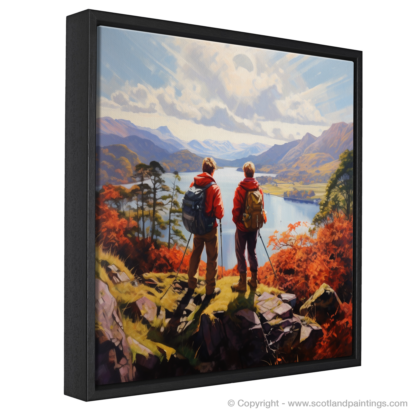 Painting and Art Print of Two hikers looking out on Loch Lomond entitled "Hikers' Gaze over Fauvist Loch Lomond".