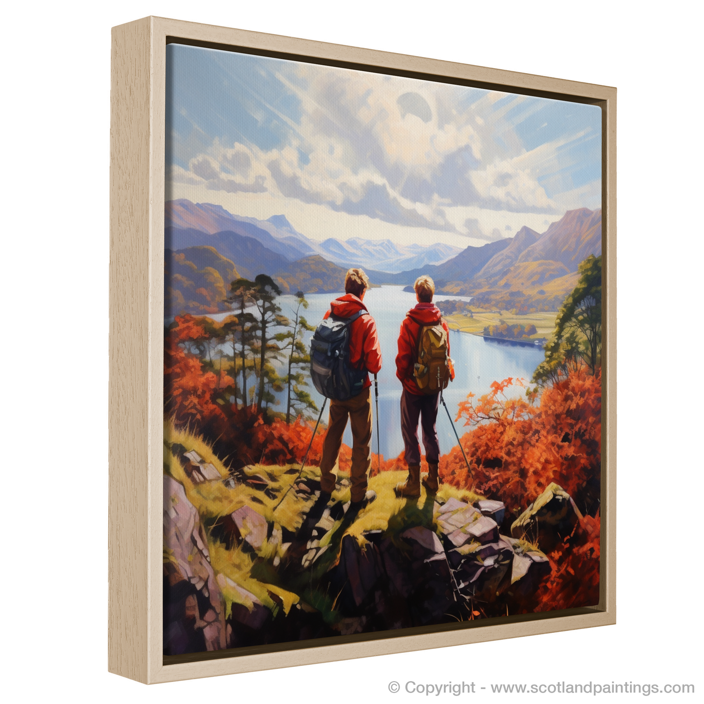 Painting and Art Print of Two hikers looking out on Loch Lomond entitled "Hikers' Gaze over Fauvist Loch Lomond".