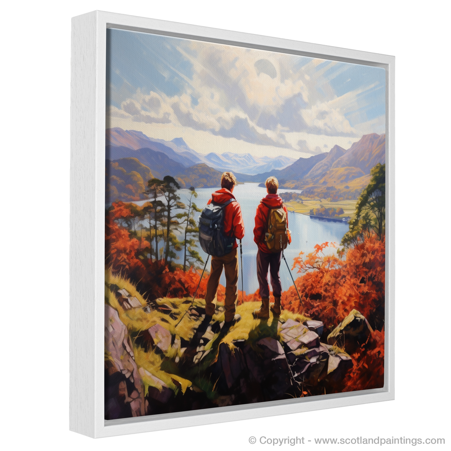 Painting and Art Print of Two hikers looking out on Loch Lomond entitled "Hikers' Gaze over Fauvist Loch Lomond".