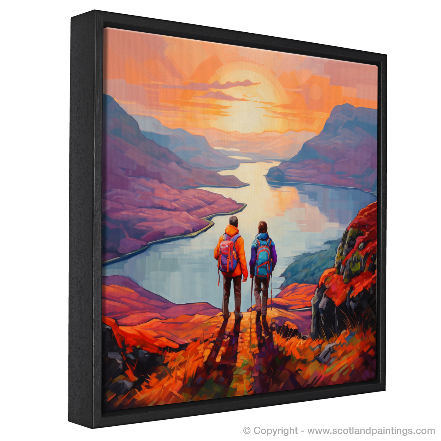 Painting and Art Print of Two hikers looking out on Loch Lomond entitled "Fiery Contemplation: Two Hikers at Loch Lomond".