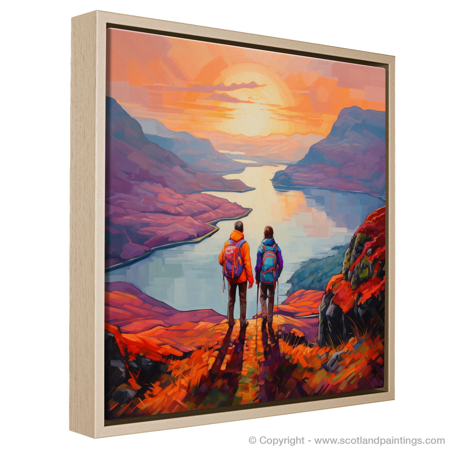 Painting and Art Print of Two hikers looking out on Loch Lomond entitled "Fiery Contemplation: Two Hikers at Loch Lomond".