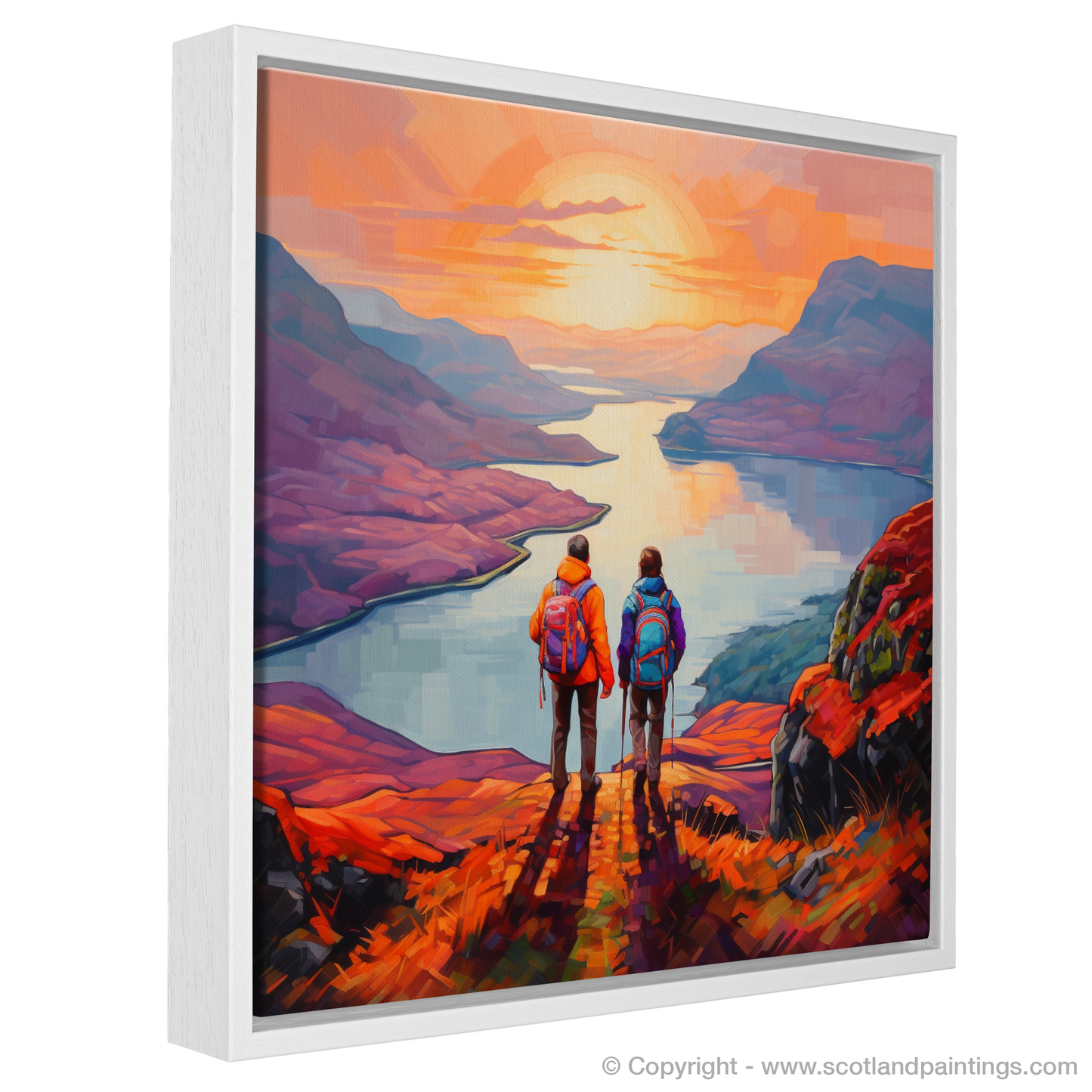 Painting and Art Print of Two hikers looking out on Loch Lomond entitled "Fiery Contemplation: Two Hikers at Loch Lomond".