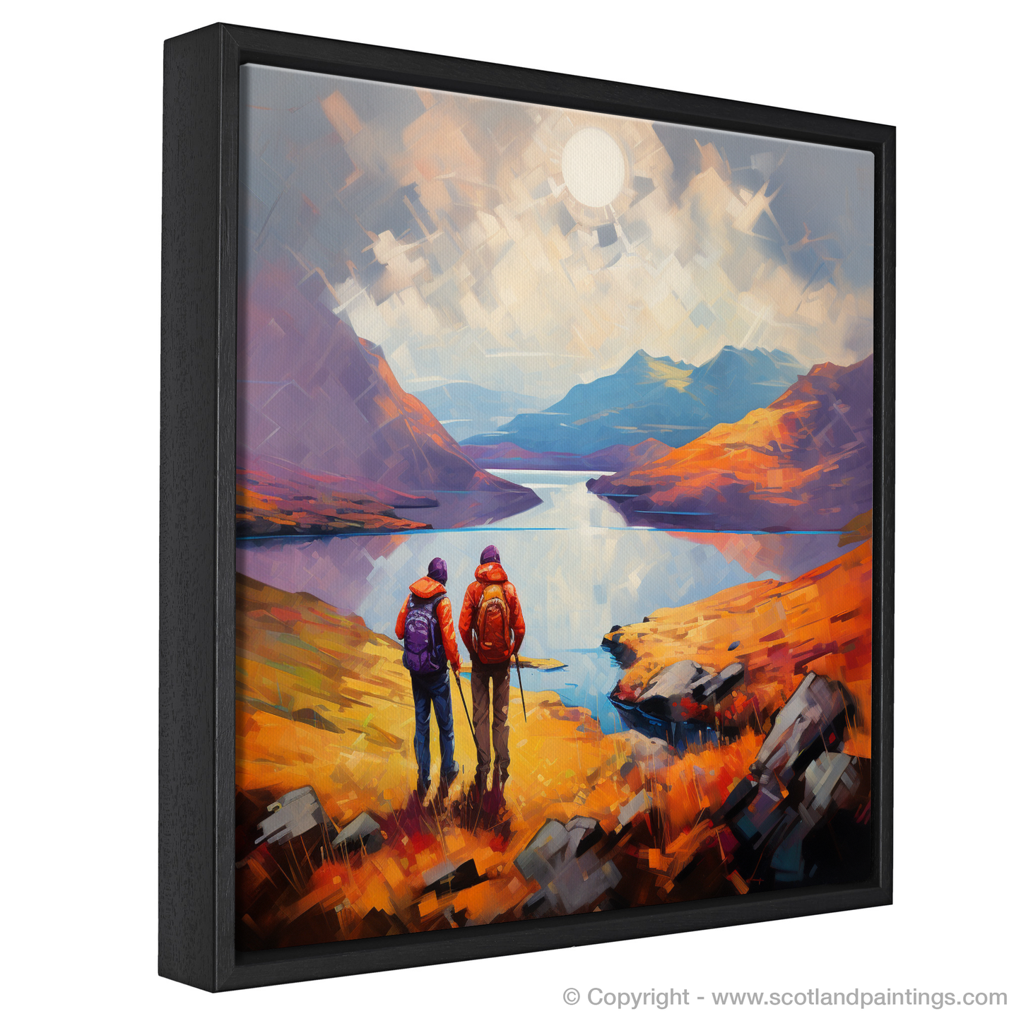 Painting and Art Print of Two hikers looking out on Loch Lomond entitled "Fauvist Vistas of Loch Lomond: An Adventurous Gaze".