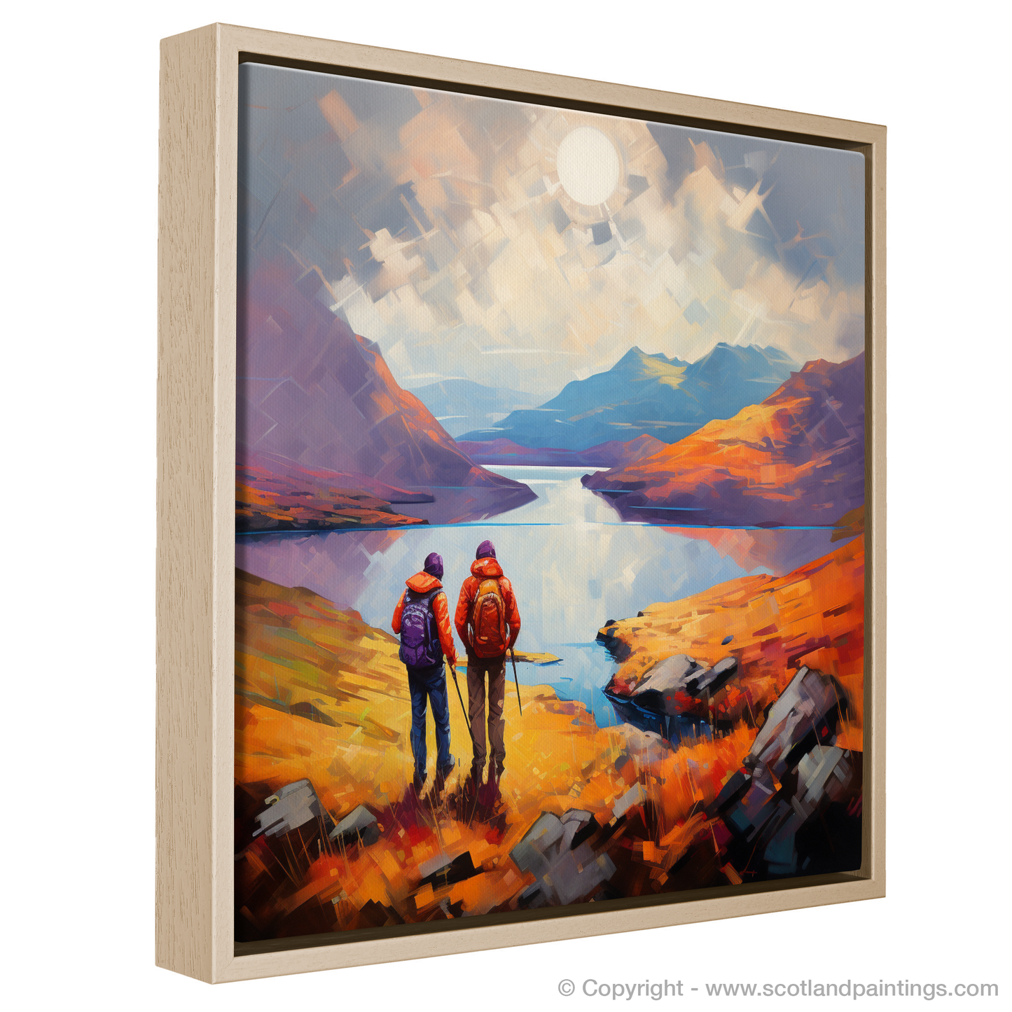 Painting and Art Print of Two hikers looking out on Loch Lomond entitled "Fauvist Vistas of Loch Lomond: An Adventurous Gaze".