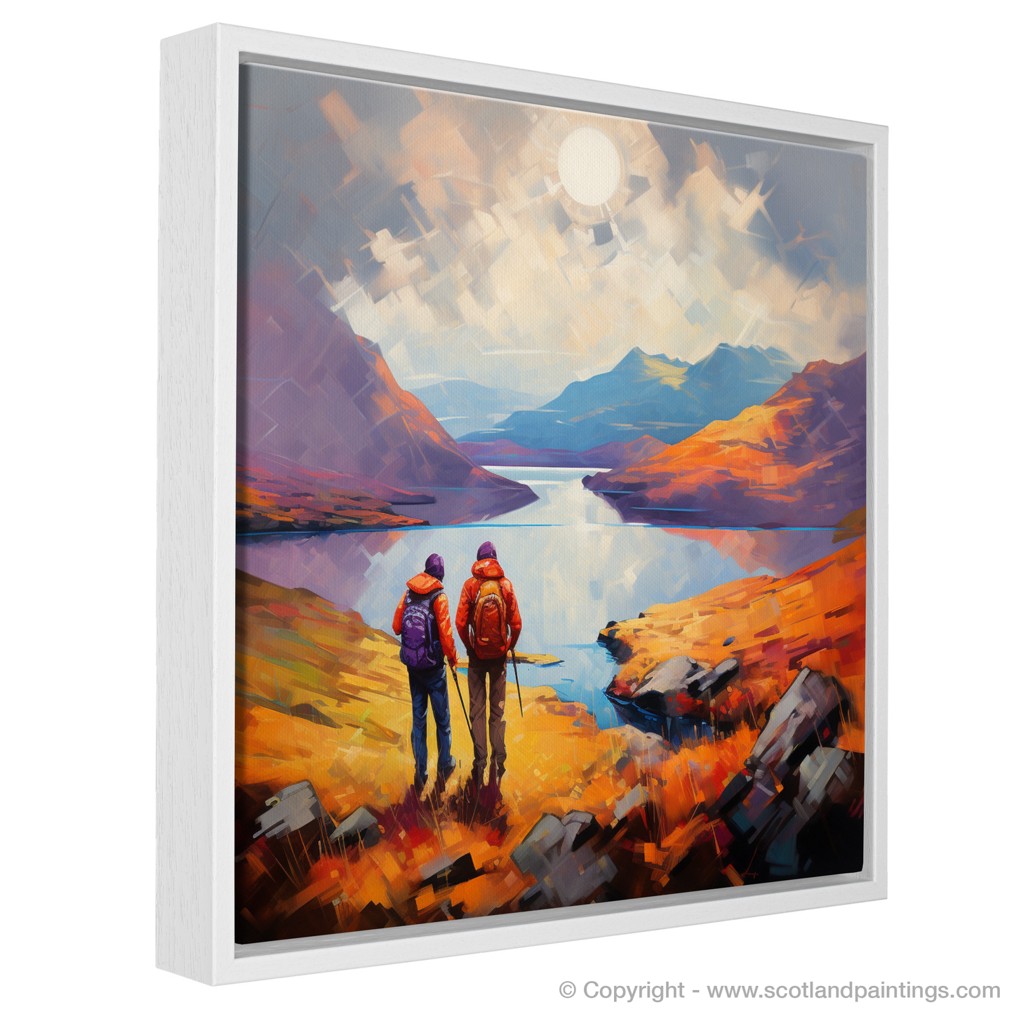 Painting and Art Print of Two hikers looking out on Loch Lomond entitled "Fauvist Vistas of Loch Lomond: An Adventurous Gaze".