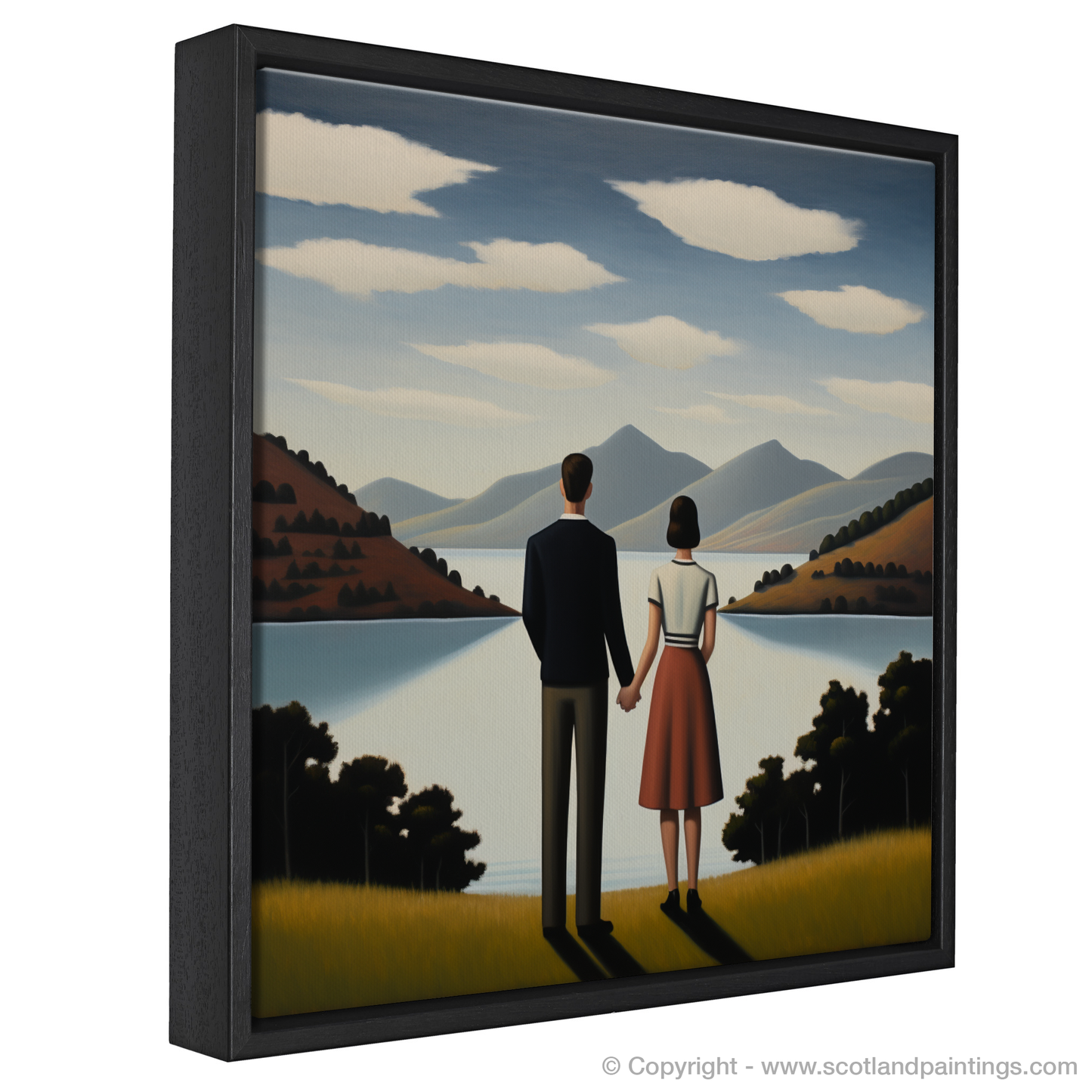 Painting and Art Print of A couple holding hands looking out on Loch Lomond entitled "Ethereal Embrace at Loch Lomond".