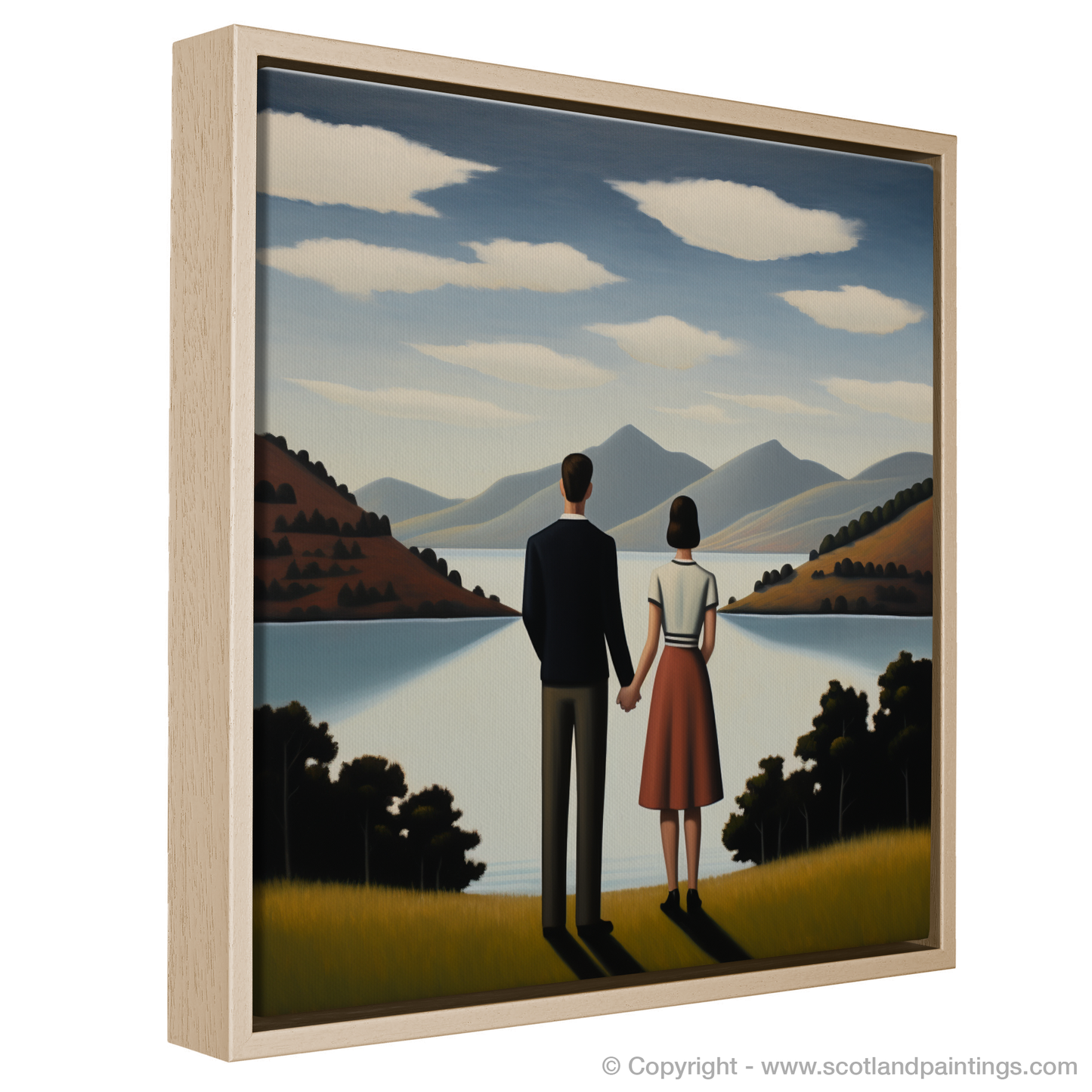 Painting and Art Print of A couple holding hands looking out on Loch Lomond entitled "Ethereal Embrace at Loch Lomond".