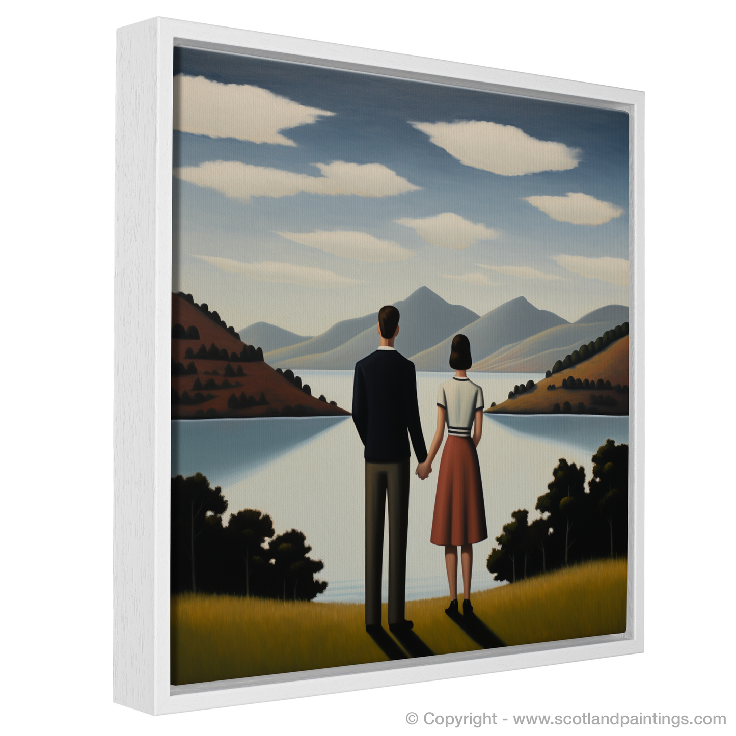 Painting and Art Print of A couple holding hands looking out on Loch Lomond entitled "Ethereal Embrace at Loch Lomond".